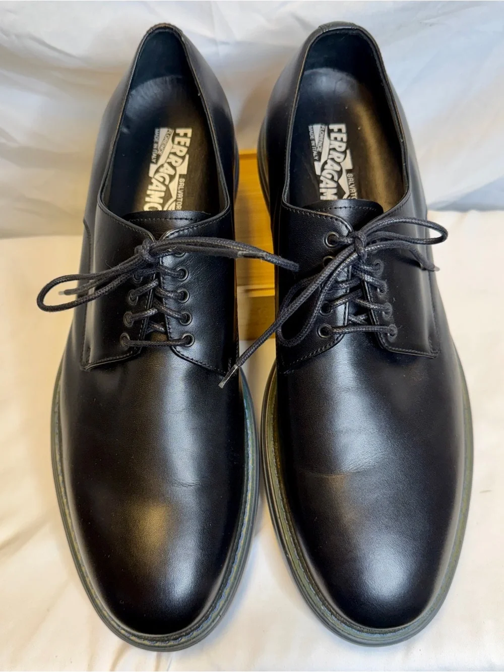 SALVATORE FERRAGAMO Men’s Black Leather Gray Platform Lace-up Oxford Shoes SZ 13